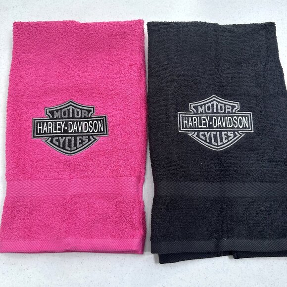 Harley Davidson Towels Embroidered Hand Towel Set Black Pink Bathroom Decor - Picture 1 of 5